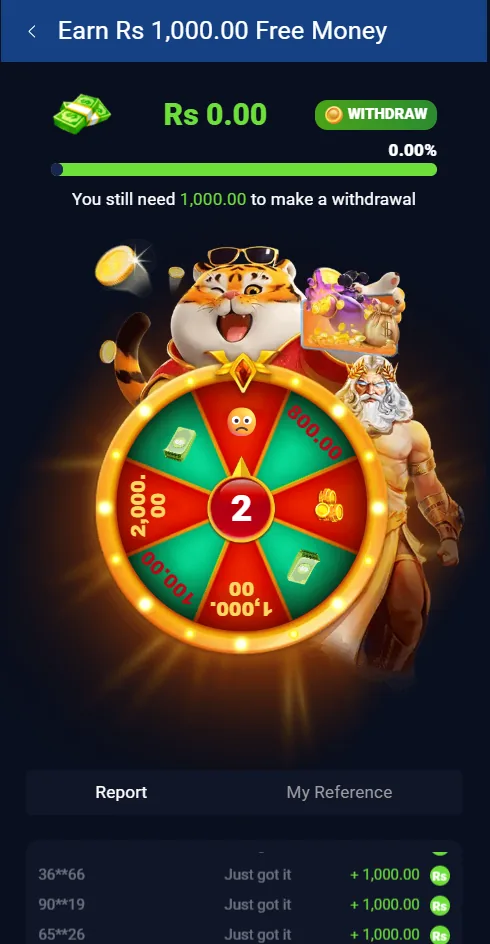 6NNN daily spin wheel event offering up to Rs 1,000 free money, with a progress bar showing 0.00% toward the Rs 1,000 withdrawal threshold