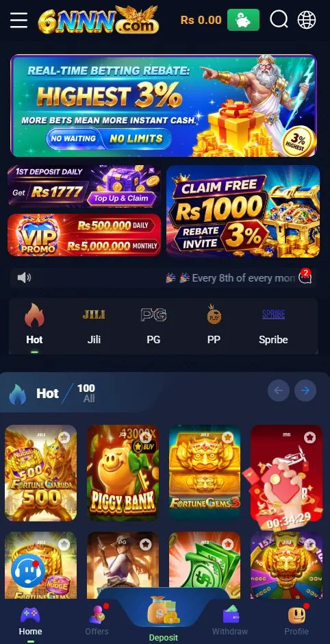 6NNN app home screen showing the 3% rebate banner, daily deposit offers and the JILI, PG, PP and Spribe game tabs