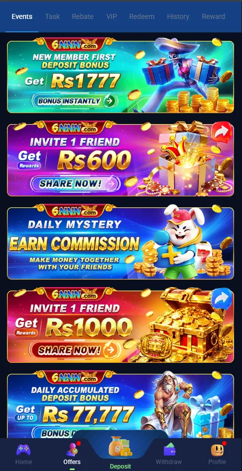 6NNN Offers tab showing the Rs 1777 new member first deposit bonus, Rs 600 and Rs 1000 invite-a-friend rewards, daily mystery commission, and the Rs 77,777 daily accumulated deposit bonus